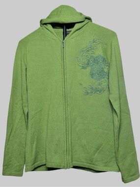 Royal Robbins Olive Green Hooded Zip Sweater with Floral Embroidery